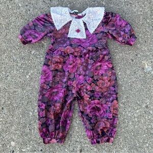 Vintage 80s Baby Romper Kalula Kids Size 18 Months Floral One Piece Lace Collar